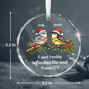 Christmas Birds Friendship Proverbs 27:9 – Personalized Best Friend Names Round Glass Ornament, Custom Christian Friendship Gift