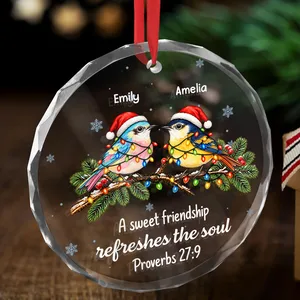 Christmas Birds Friendship Proverbs 27:9 – Personalized Best Friend Names Round Glass Ornament, Custom Christian Friendship Gift