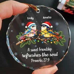 Christmas Birds Friendship Proverbs 27:9 – Personalized Best Friend Names Round Glass Ornament, Custom Christian Friendship Gift