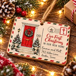 Our First Christmas in Our New Home – Personalized Wooden Christmas Ornament with Custom Name & Address