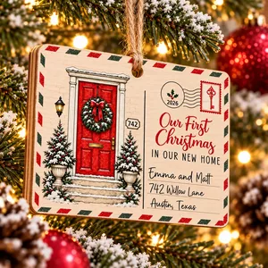 Our First Christmas in Our New Home – Personalized Wooden Christmas Ornament with Custom Name & Address