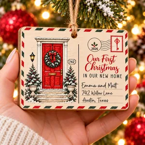 Our First Christmas in Our New Home – Personalized Wooden Christmas Ornament with Custom Name & Address