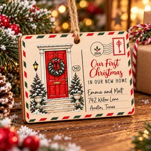 Our First Christmas in Our New Home – Personalized Wooden Christmas Ornament with Custom Name & Address