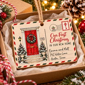 Our First Christmas in Our New Home – Personalized Wooden Christmas Ornament with Custom Name & Address