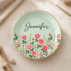 Personalized Flower Ring Dish Custom Name, Botanical Jewelry Tray, Elegant Vanity Trinket Dish, Birthday Christmas Gift for Mom Sister
