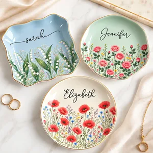 Personalized Flower Ring Dish Custom Name, Botanical Jewelry Tray, Elegant Vanity Trinket Dish, Birthday Christmas Gift for Mom Sister