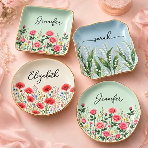 Personalized Flower Ring Dish Custom Name, Botanical Jewelry Tray, Elegant Vanity Trinket Dish, Birthday Christmas Gift for Mom Sister
