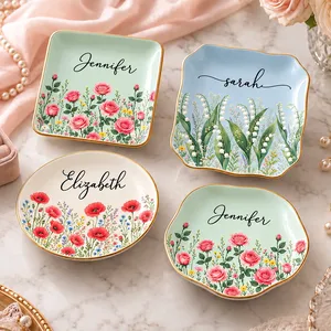Personalized Flower Ring Dish Custom Name, Botanical Jewelry Tray, Elegant Vanity Trinket Dish, Birthday Christmas Gift for Mom Sister