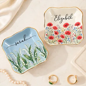 Personalized Flower Ring Dish Custom Name, Botanical Jewelry Tray, Elegant Vanity Trinket Dish, Birthday Christmas Gift for Mom Sister