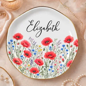 Personalized Flower Ring Dish Custom Name, Botanical Jewelry Tray, Elegant Vanity Trinket Dish, Birthday Christmas Gift for Mom Sister