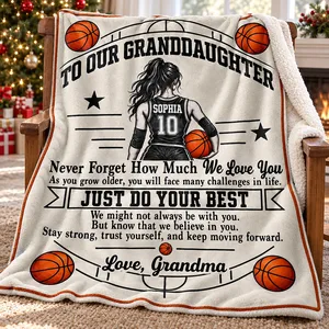 To My Granddaughter Basketball – Personalized Sherpa Fleece Blanket with Custom Name & Jersey Number, Gift from Grandma