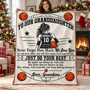 To My Granddaughter Basketball – Personalized Sherpa Fleece Blanket with Custom Name & Jersey Number, Gift from Grandma