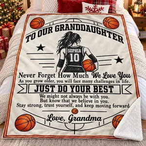 To My Granddaughter Basketball – Personalized Sherpa Fleece Blanket with Custom Name & Jersey Number, Gift from Grandma