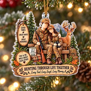 Hunting Through Life Together – Personalized Hunting Couple Acrylic Christmas Ornament with Custom Names, Gift for Hunters