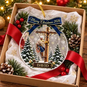 Custom Electrician Acrylic Christmas Ornament - Snowy Power Pole Design, Personalized Name and Year