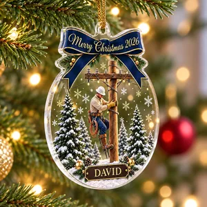 Custom Electrician Acrylic Christmas Ornament - Snowy Power Pole Design, Personalized Name and Year