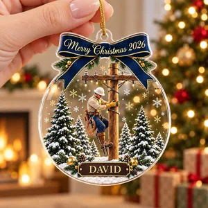 Custom Electrician Acrylic Christmas Ornament - Snowy Power Pole Design, Personalized Name and Year