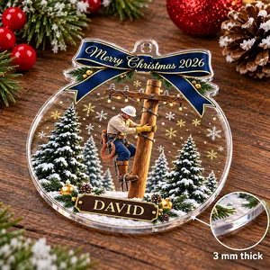 Custom Electrician Acrylic Christmas Ornament - Snowy Power Pole Design, Personalized Name and Year