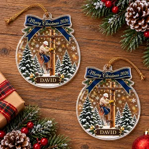 Custom Electrician Acrylic Christmas Ornament - Snowy Power Pole Design, Personalized Name and Year