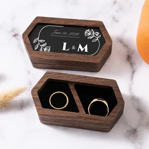 Personalized Wooden Wedding Ring Box – Custom Floral Line Art Keepsake with Couple Names and Date