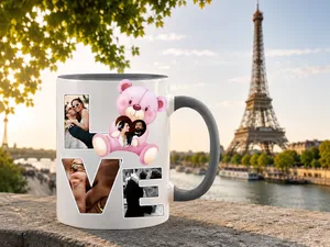 Custom LOVE! Letters Photo Collage Coffee Mug, Personalized Pink Teddy Bear Picture Cup, Anniversary Gift for Couple