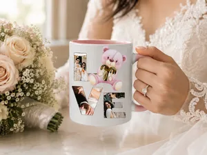 Custom LOVE! Letters Photo Collage Coffee Mug, Personalized Pink Teddy Bear Picture Cup, Anniversary Gift for Couple