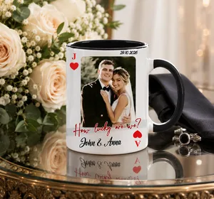 Personalized Playing Card Photo Mug, "How Lucky Are We" Custom Wedding Coffee Cup, Red and Black Jack Ace Couples Anniversary Gift for Mr and Mrs