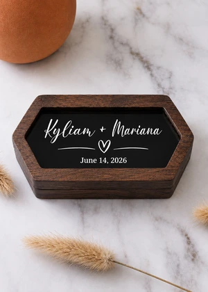 Personalized Wooden Wedding Ring Box – Custom Couple Names and Date Keepsake with Heart Accent