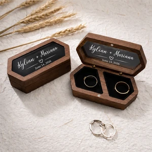 Personalized Wooden Wedding Ring Box – Custom Couple Names and Date Keepsake with Heart Accent