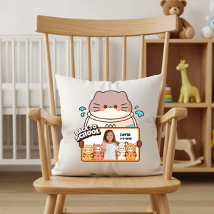 Personalized Back to School Cat Photo Pillow | Custom Kids School Memory Throw Pillow Gift