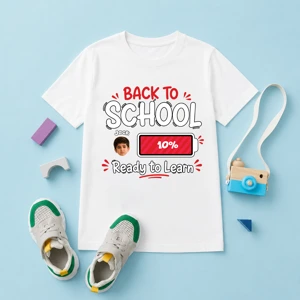 Personalized Back to School Battery Level Kids T-Shirt – Custom Photo & Name, Ready to Learn School Shirt for Boys & Girls
