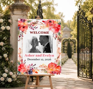 Personalized Photo Wedding Welcome Sign, Colorful Pink Orange Floral, Half Arch Foam Board Sign, Modern Vibrant Marriage Board