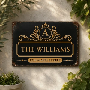 Personalized Rectangular Iron Sign with Vintage Monogram and Family Name for Front Gate, Unique Housewarming Gift