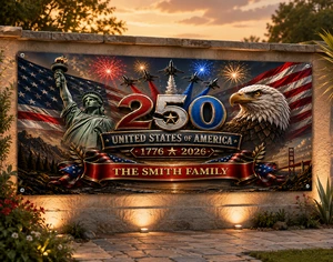 Custom Polyester Outdoor Banner - Personalized America 250th Anniversary Gifts For Mom, Dad, Brother, Sister, Kids - Strong As One