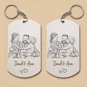 Custom Photo Pencil Sketch Family Dog Cat Portrait - Personalized Aluminum Keychain