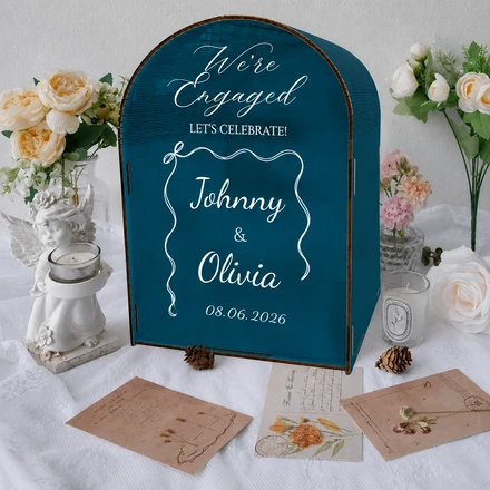 Personalized Engagement Celebration Box – Custom “We’Re Engaged” Design With Couple Names, Date And Wavy Frame Accent