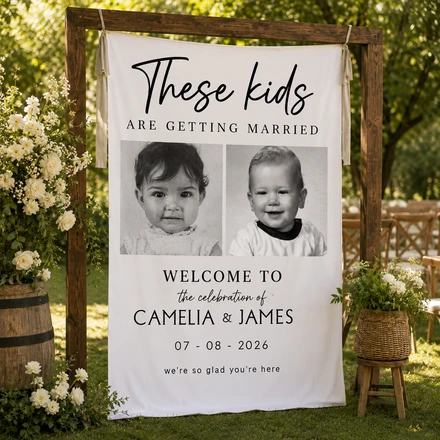 From Little Moments To Forever - Personalized Wedding Welcome Tapestry, Custom Childhood Photo Wedding Banner, Couple Photo Welcome Sign, Wedding Entrance Decor, Wedding Ceremony Backdrop