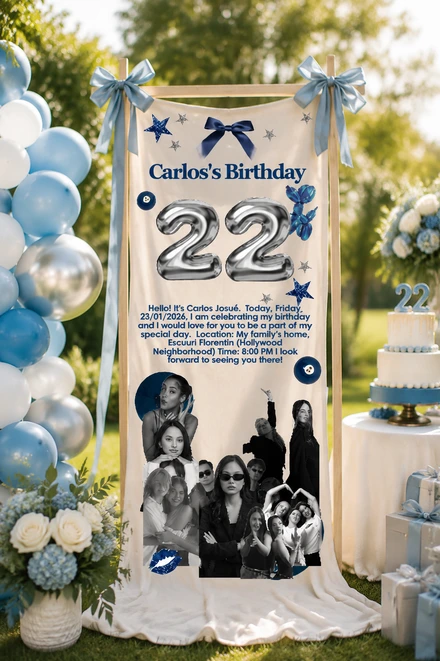 Personalized Navy Silver Birthday Welcome Banner