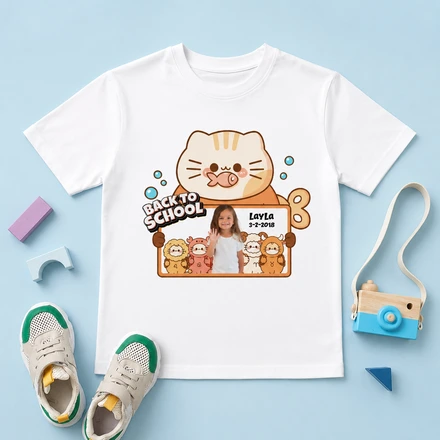 Personalized Zodiac Cat Back To School Kids T-Shirt With Photo & Name | Custom 12 Zodiac Signs School Shirt