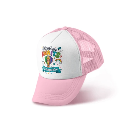 Personalized Adventure Awaits Kindergarten Trucker Hat – Custom Photo & Name Back To School Cap For Kids