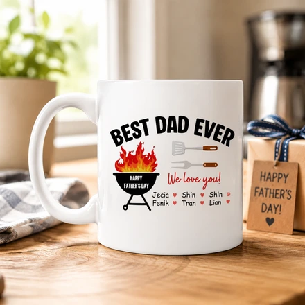 Best Dad Ever Personalized Father'S Day Mug – Custom Kids Names Bbq Coffee Mug – Gift For Dad From Children – Ceramic Father'S Day Cup