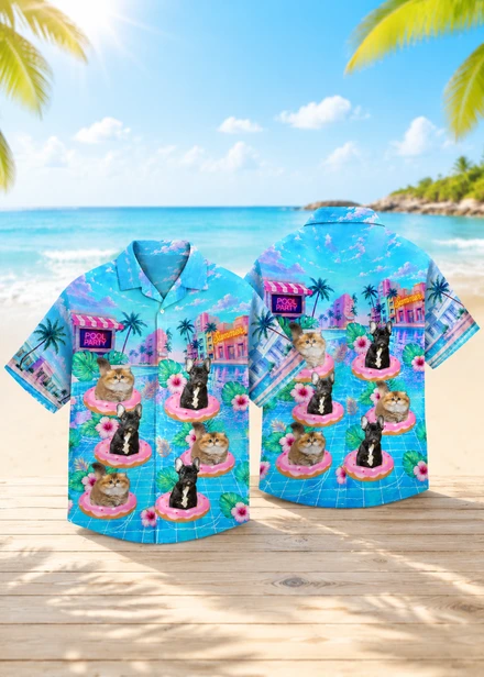 Custom Pet Hawaiian Shirt Personalized Cat Photo Pool Party Summer Shirt