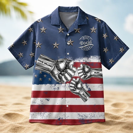 Patriotic Family Shirt, Bold Chrome Fist Artwork - Custom Name And Kids Hawaiian Shirt, Perfect For Summer Or Father’S Day