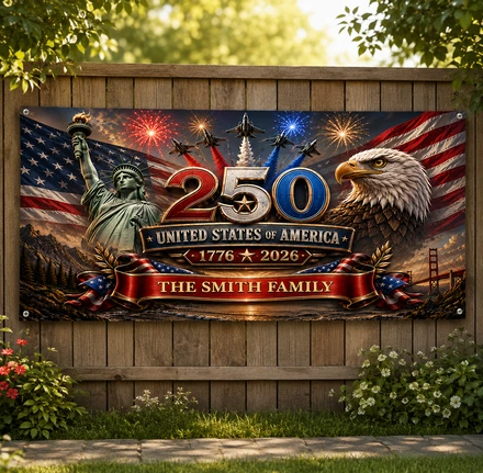 Custom Polyester Outdoor Banner - Personalized America 250th Anniversary Gifts For Mom, Dad, Brother, Sister, Kids - Strong As One
