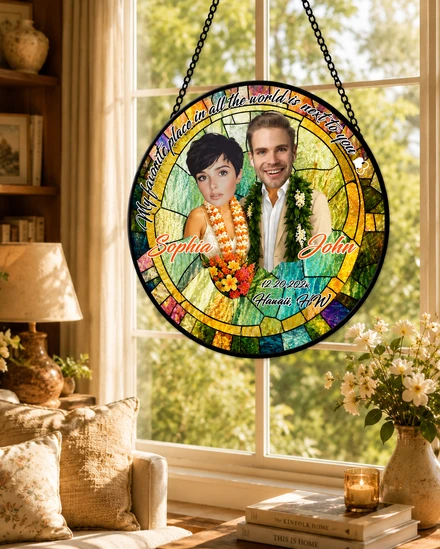 Favorite Place In The World Personalized Hawaii Beach Stained Glass Suncatcher, Summer Just Married Gift