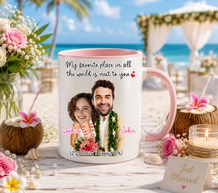 Favorite Place In The World Couple Personalized Hawaii Wedding Ceramic Mug, Custom Face Tropical Beach 11oz 15oz