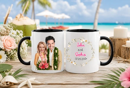 Personalized Hawaii Wedding Mug Set, Custom Face Tropical Beach Couple Coffee Cup, Just Married Gift 11oz 15oz