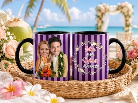 Personalized Hawaii Wedding Stripe Mug Set, Custom Face Tropical Beach Couple Coffee Cup, Just Married Gift 11oz 15oz