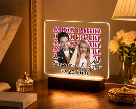 Personalized Wedding Anniversary Acrylic Night Light, Custom Face Couple Led Lamp, Name Repeating Acrylic Night Light<