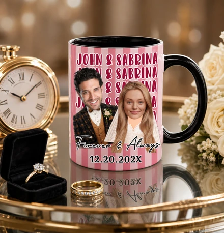 Personalized Wedding Anniversary Mug, Custom Face Couple Coffee Cup, Forever & Always, Just Married Gift 11oz 15oz
